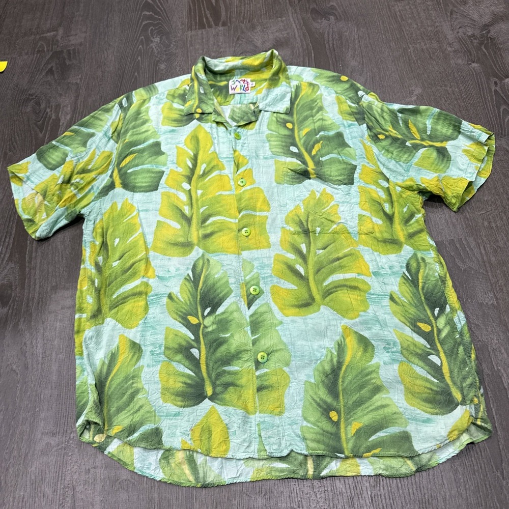 VTG Jams World Shirt Mens L Leaves Plant Floral Hawaiian Rayon 90s USA Made